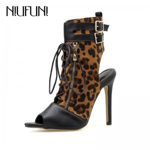 NIUFUNI Women's Sandals Boots Sexy Leopard Ankle Wrap Shoes Woman Fashion Lace Up HIgh Heels Women Boots Female Shoes Summer